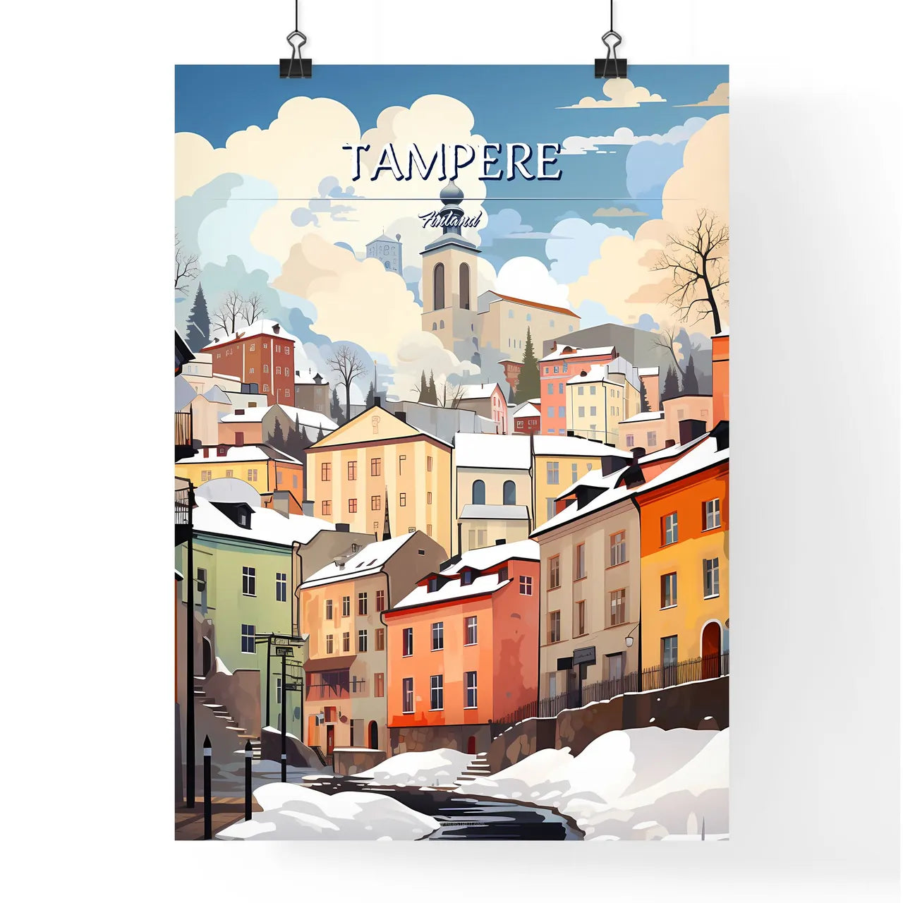 Tampere, Finland - Art print of a body of water with a path and a red rope Poster