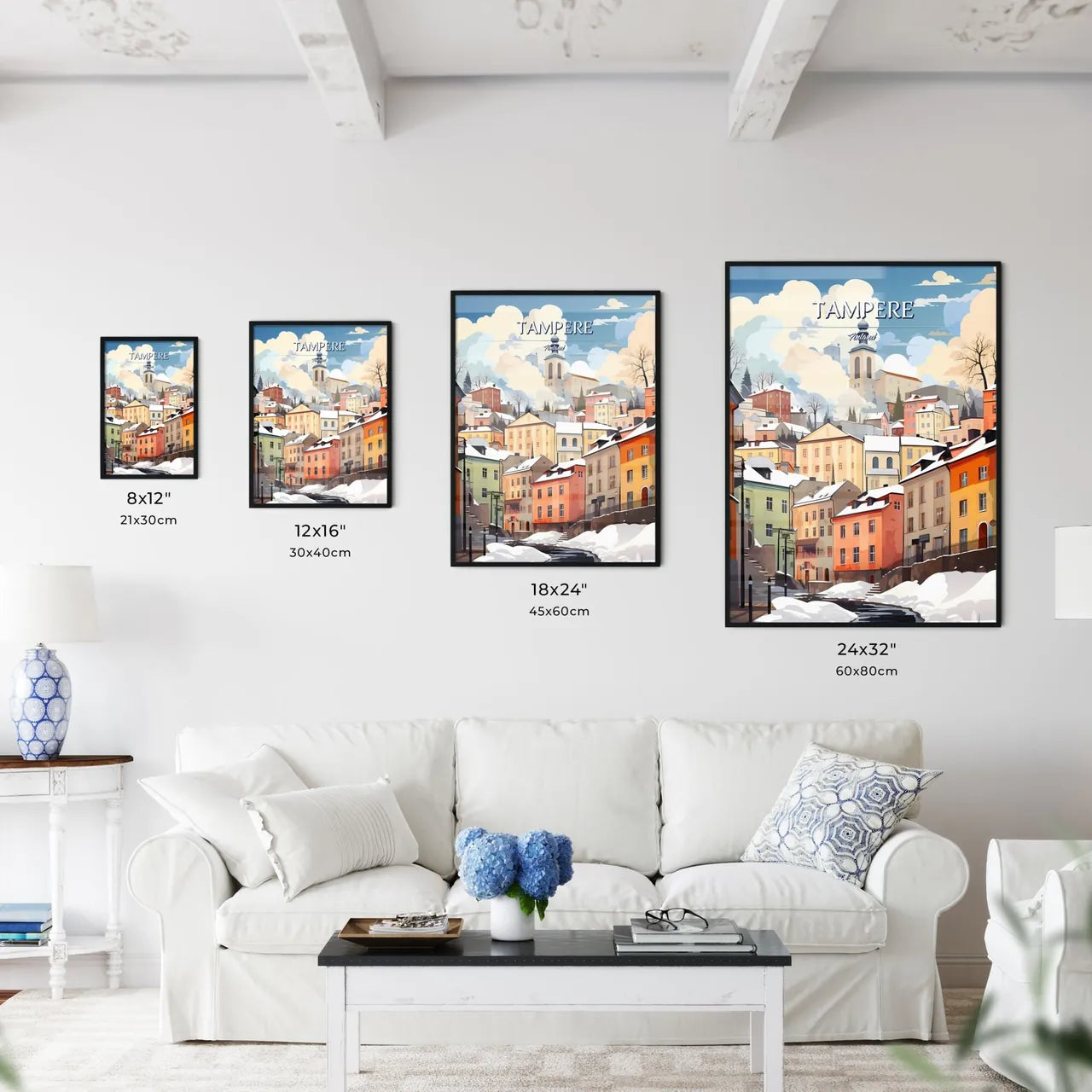 Tampere, Finland - Art print of a body of water with a path and a red rope Size Chart