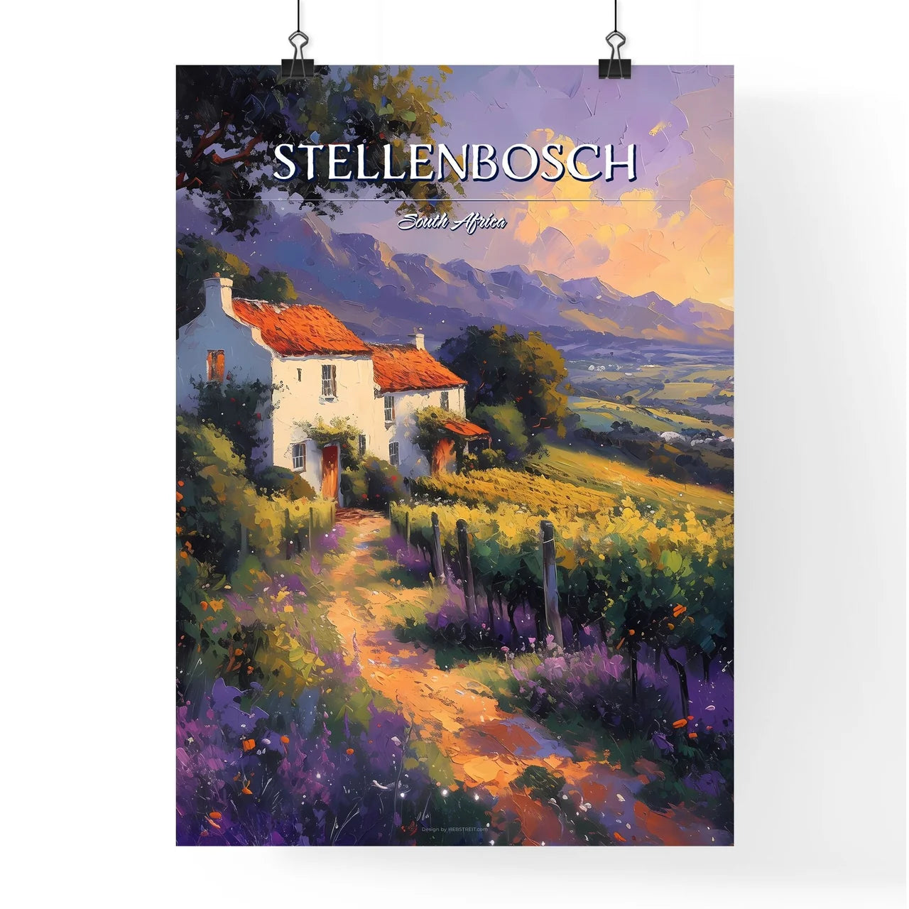 Stellenbosch, South Africa - Art print of a bus driving down a street with buildings and trees Poster