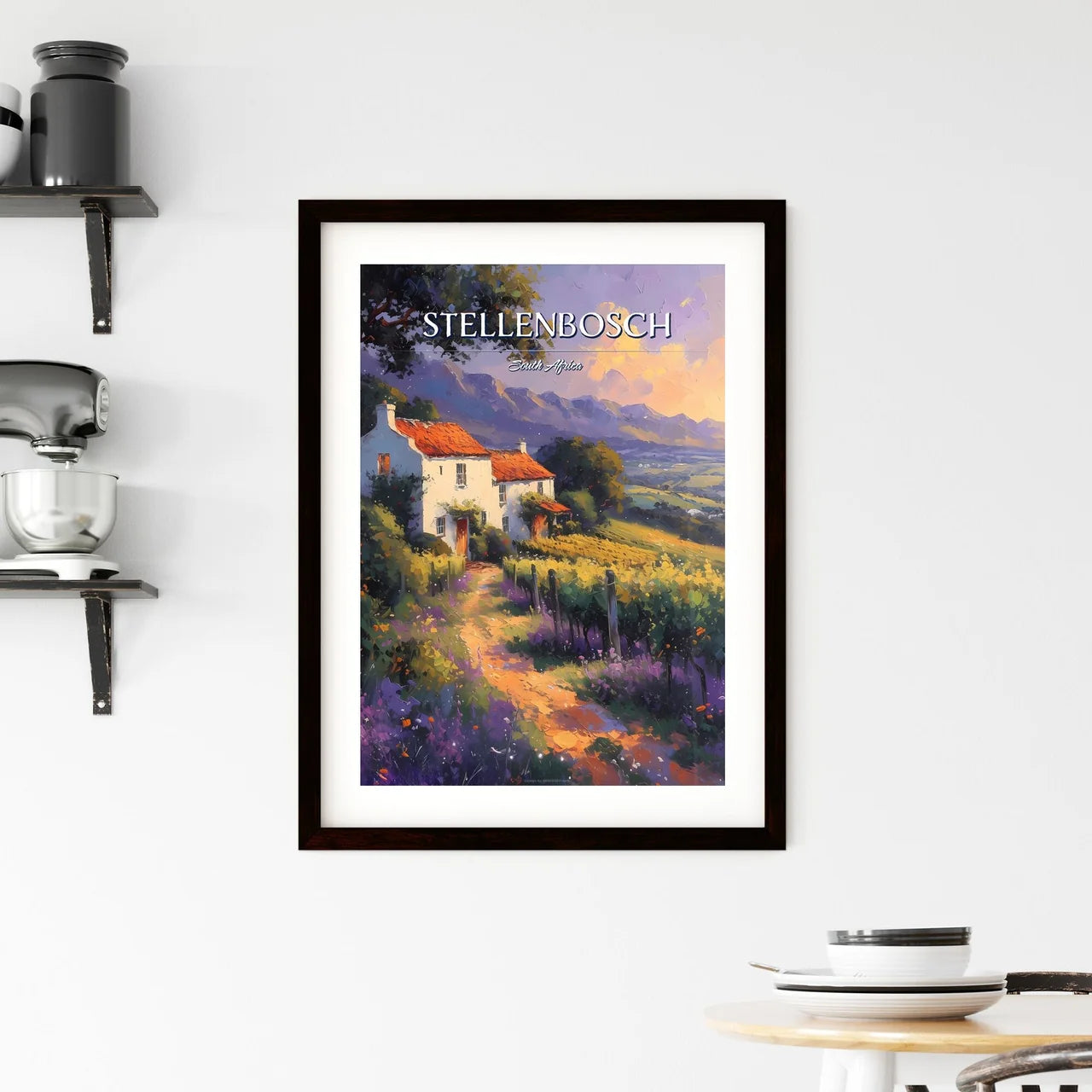 Stellenbosch, South Africa - Art print of a bus driving down a street with buildings and trees Custom Print