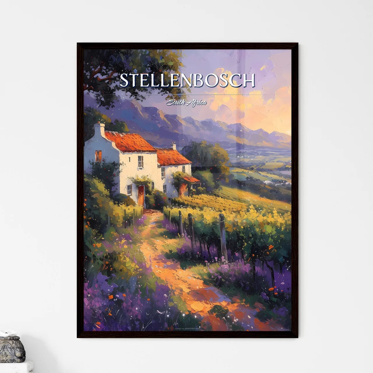 Stellenbosch, South Africa - Art print of a bus driving down a street with buildings and trees Framed Art