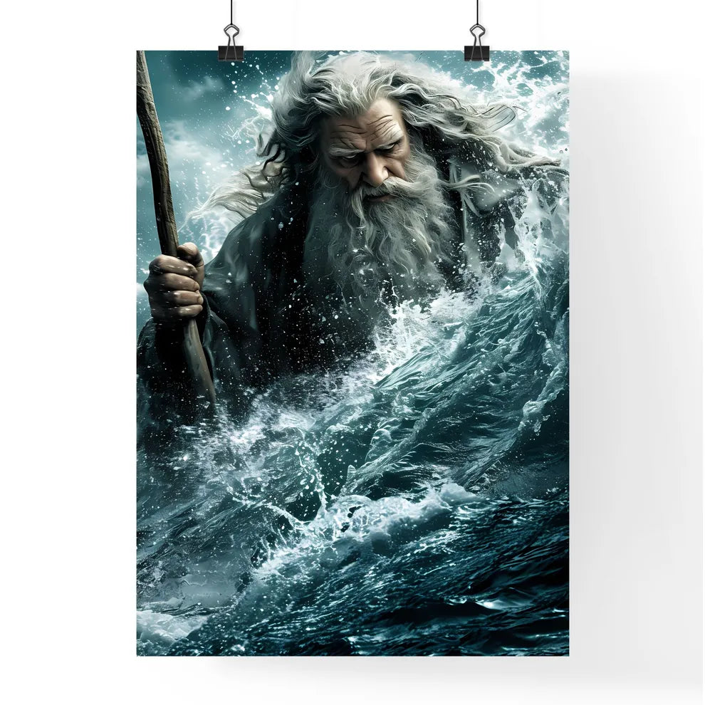 Movie poster Moses hoisting a magic staff above his head and leading many Israelites  Poster