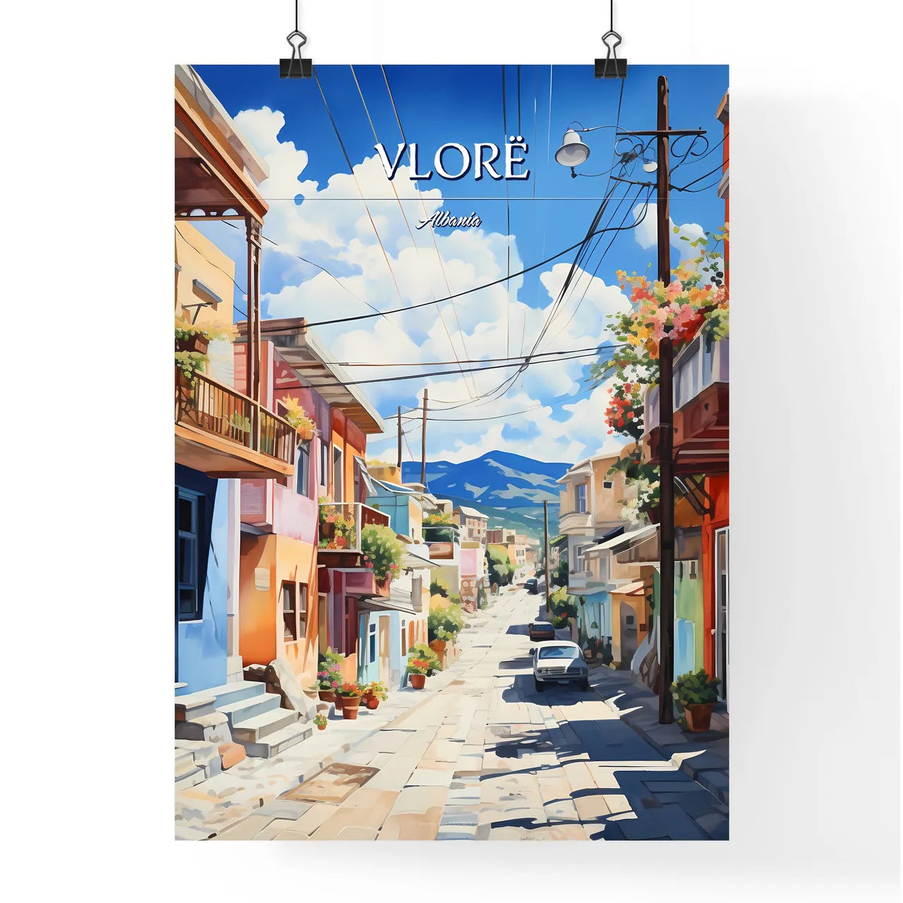 Vlorë, Albania - Art print of a watercolor painting of a street with buildings and a bell tower Poster