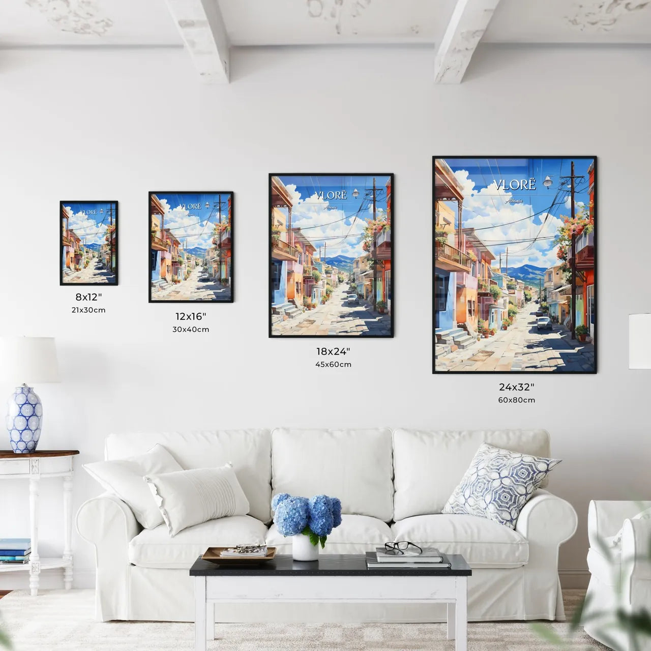 Vlorë, Albania - Art print of a watercolor painting of a street with buildings and a bell tower Size Chart