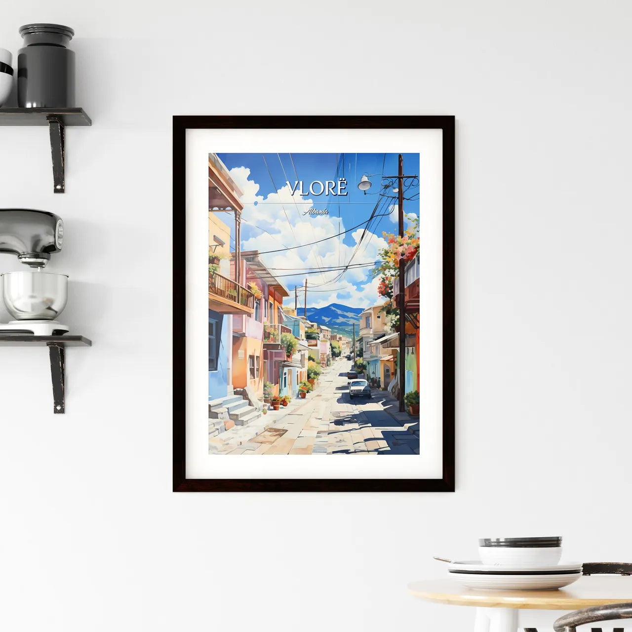 Vlorë, Albania - Art print of a watercolor painting of a street with buildings and a bell tower Custom Print