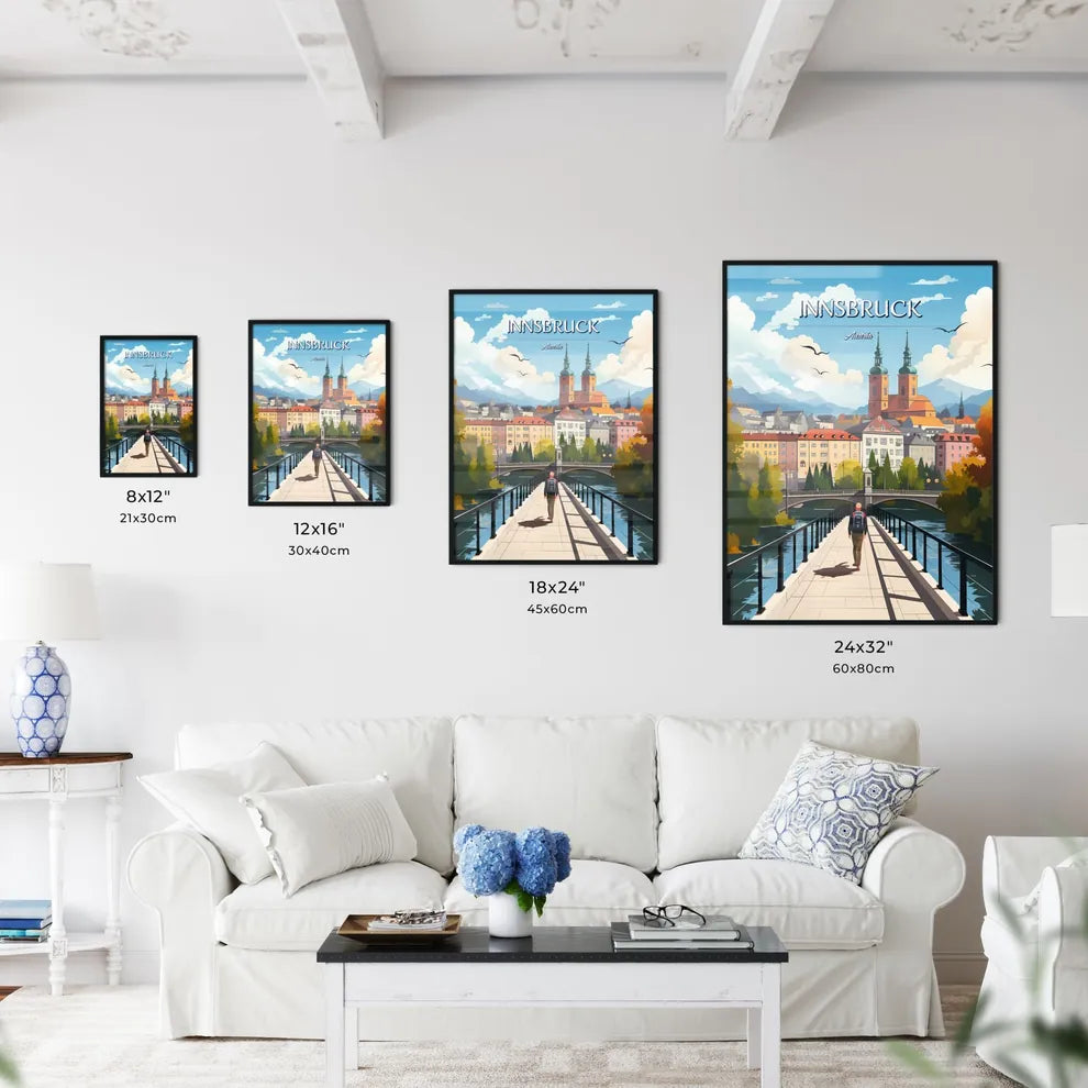 Innsbruck, Austria - Art print of a landscape with a river and trees Size Chart