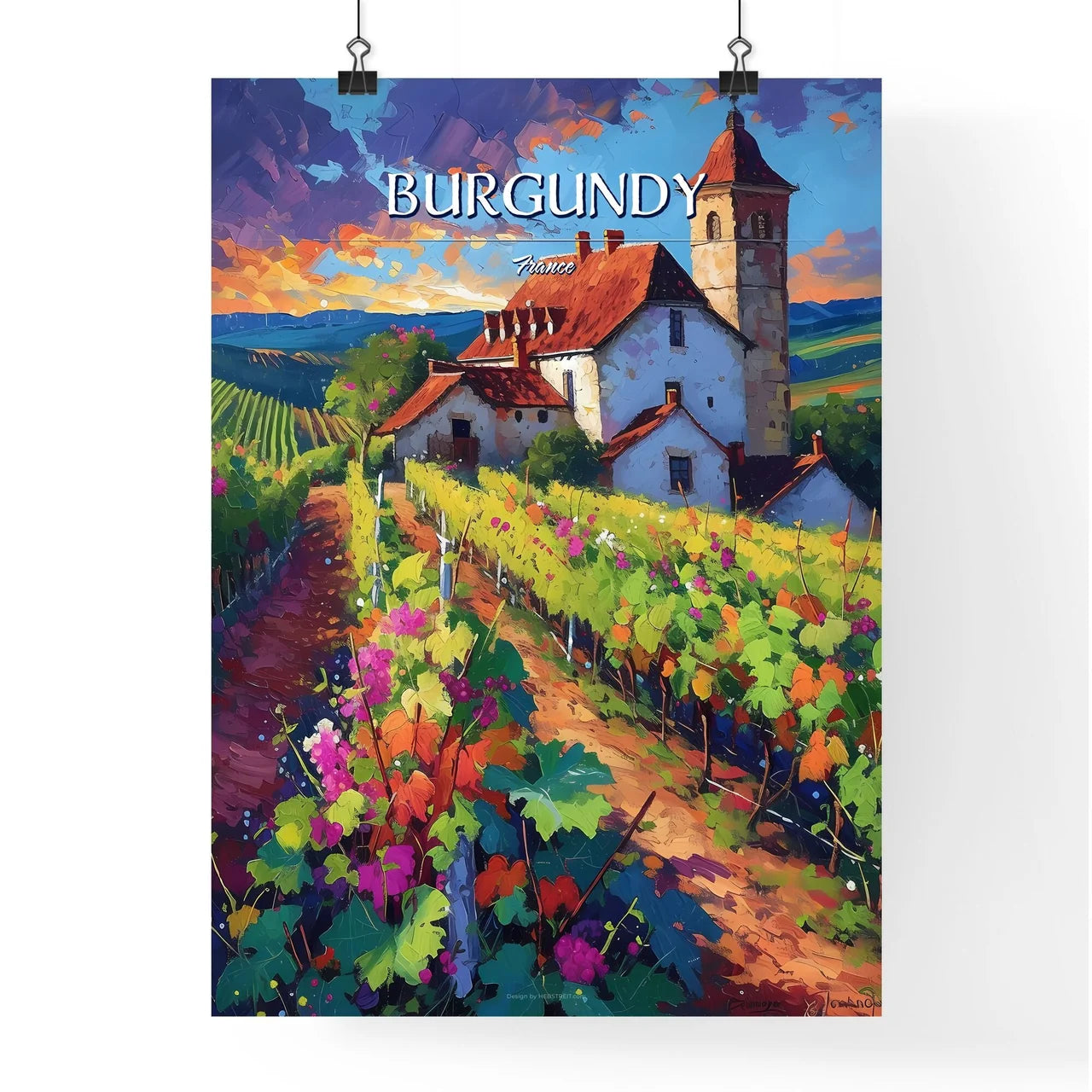 Burgundy, France - Art print of a river with buildings and trees Poster