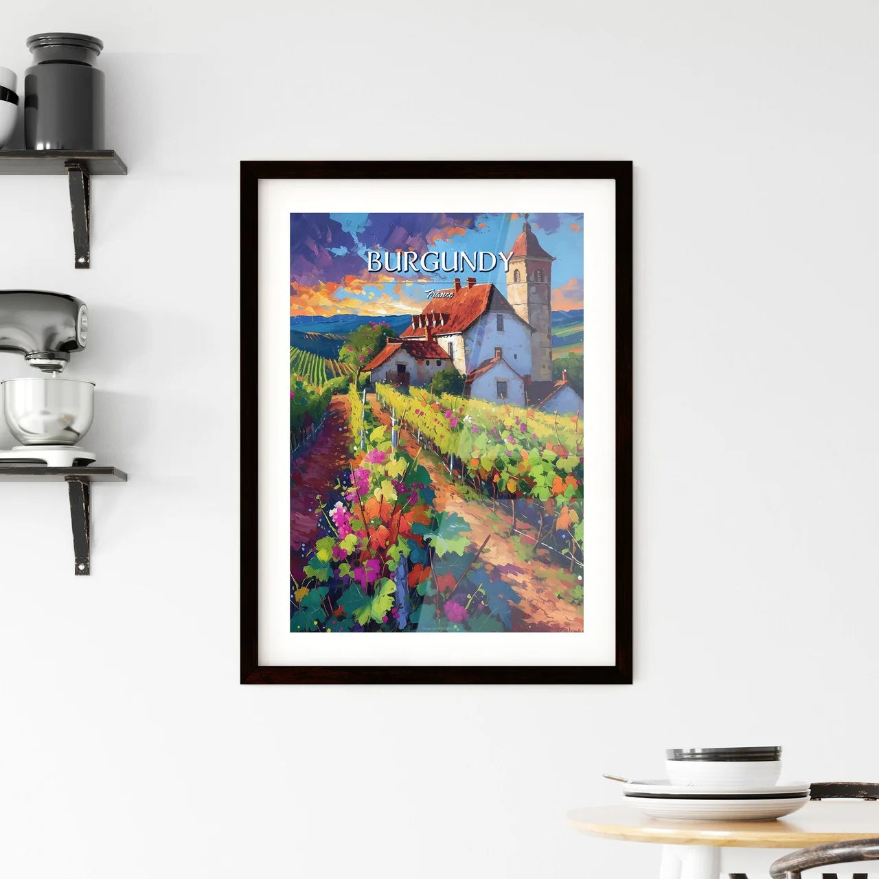 Burgundy, France - Art print of a river with buildings and trees Custom Print