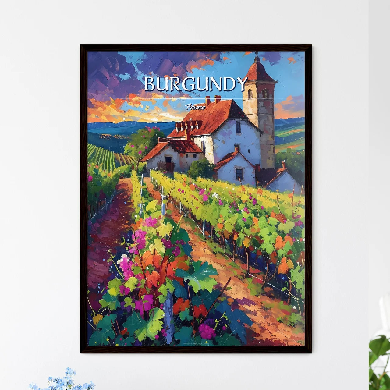 Burgundy, France - Art print of a river with buildings and trees Framed Art