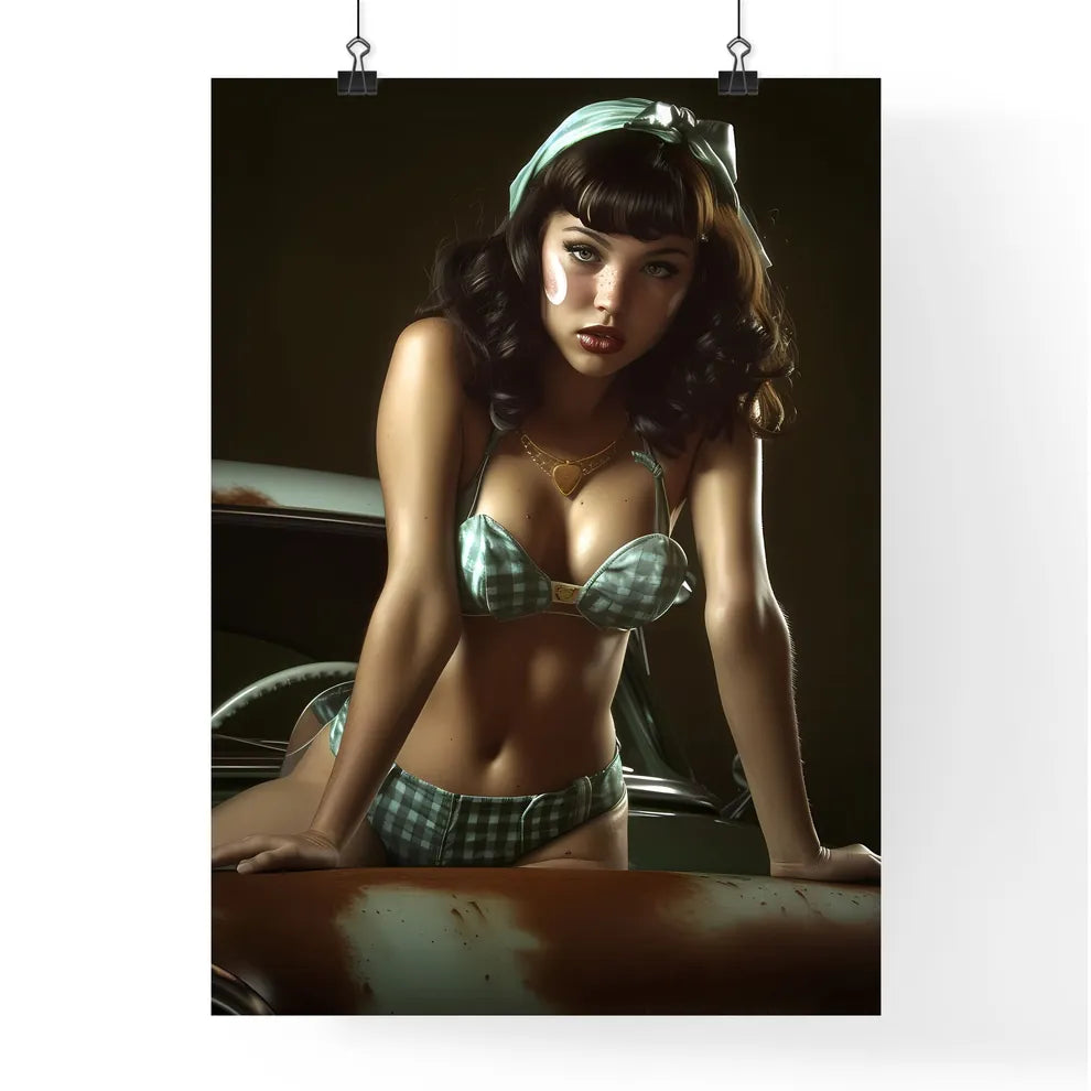 The vintage pin up girl leaning on a car - A Poster