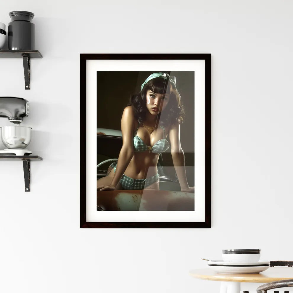 The vintage pin up girl leaning on a car - A Framed Print