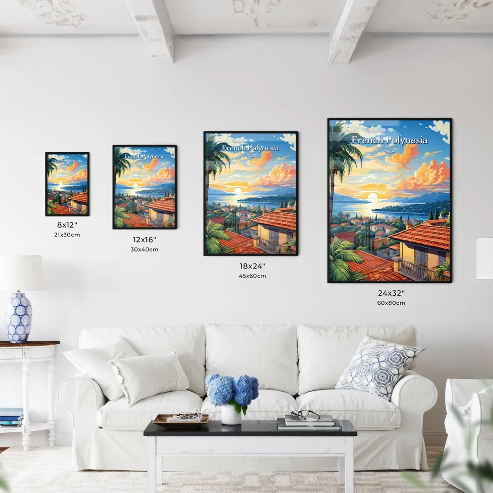 On the roofs of French Polynesia, France - Art print of a city street with cars and buildings Size Chart