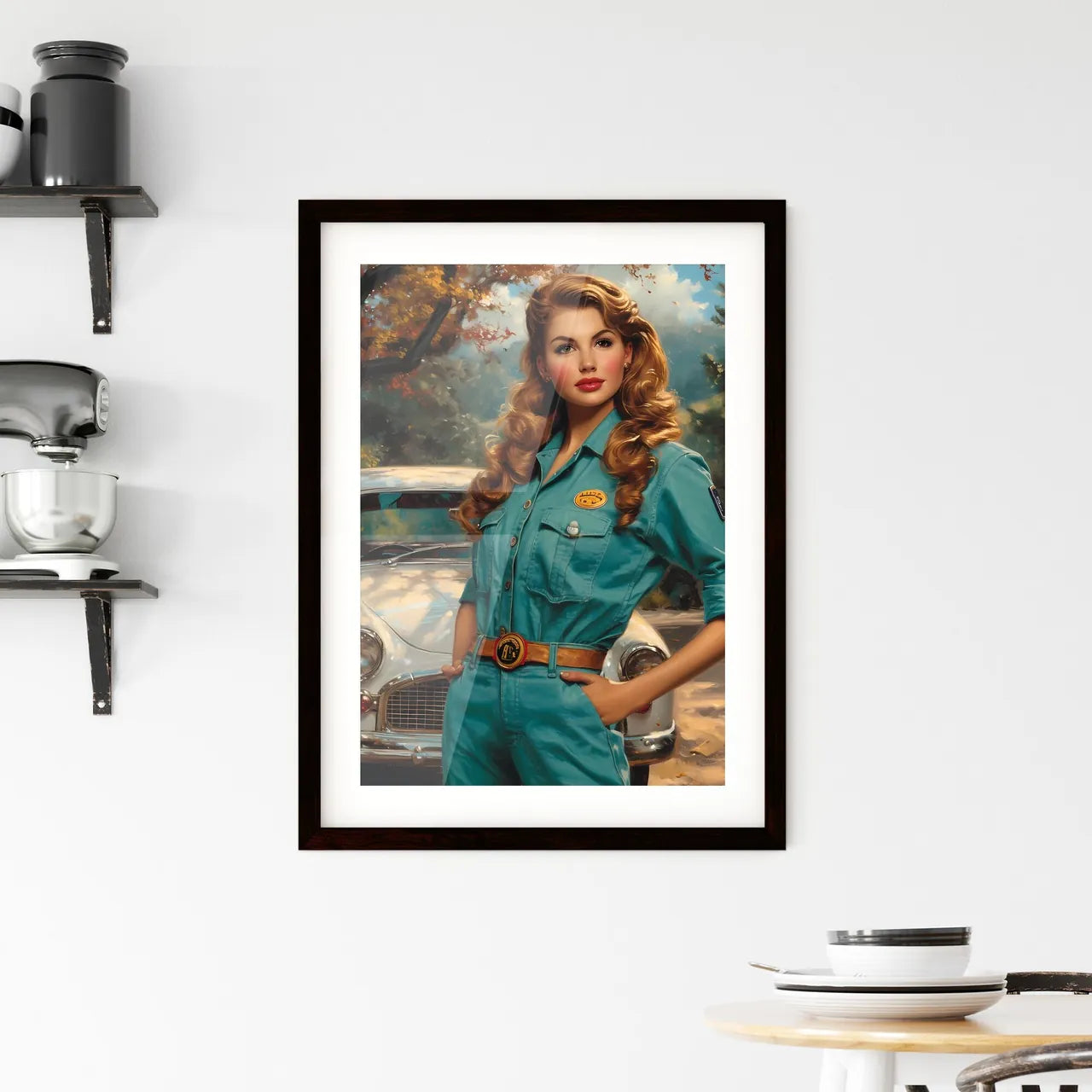 Full body shot pin up garage worker girl - A Framed Print