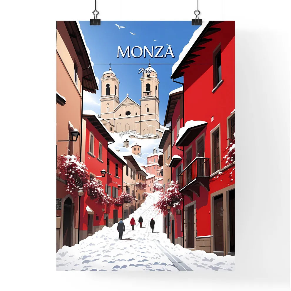 Monza, Italy - Art print of a lake with houses and mountains in the background Poster