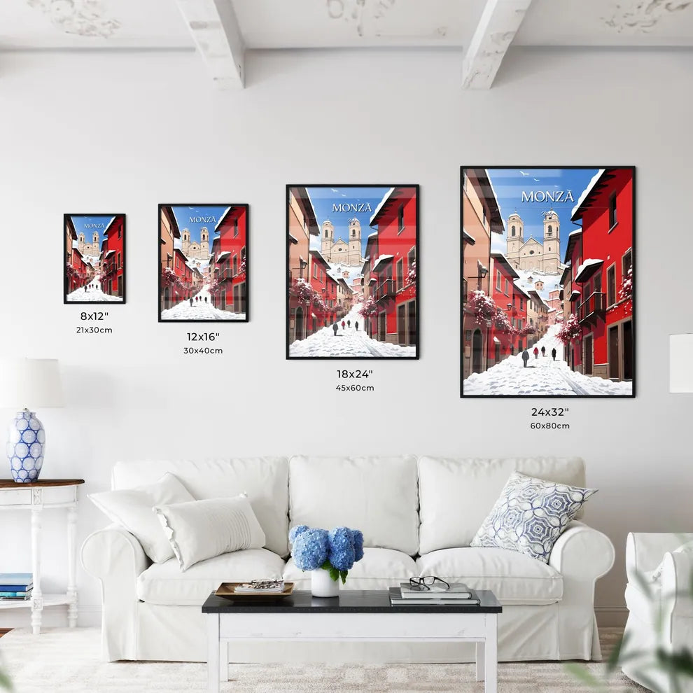 Monza, Italy - Art print of a lake with houses and mountains in the background Size Chart