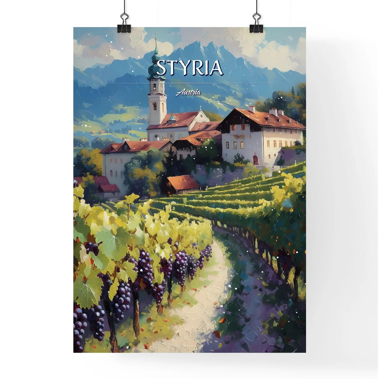 Styria, Austria - Art print of a painting of a village by a lake with fall colors Poster