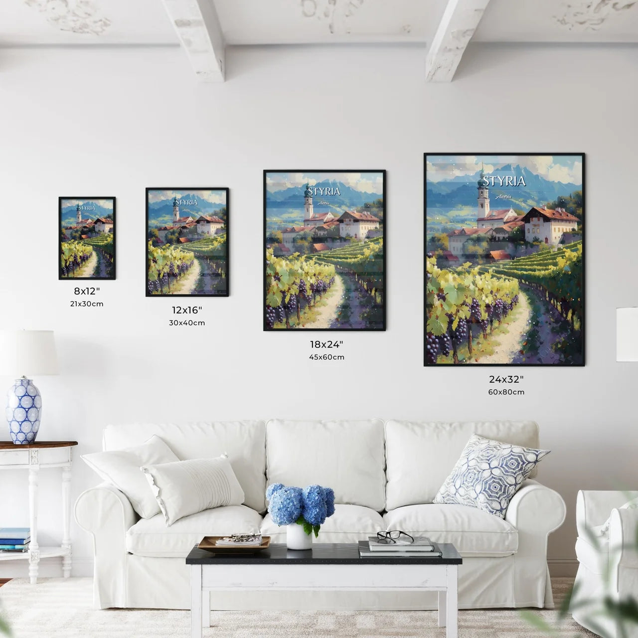 Styria, Austria - Art print of a painting of a village by a lake with fall colors Size Chart