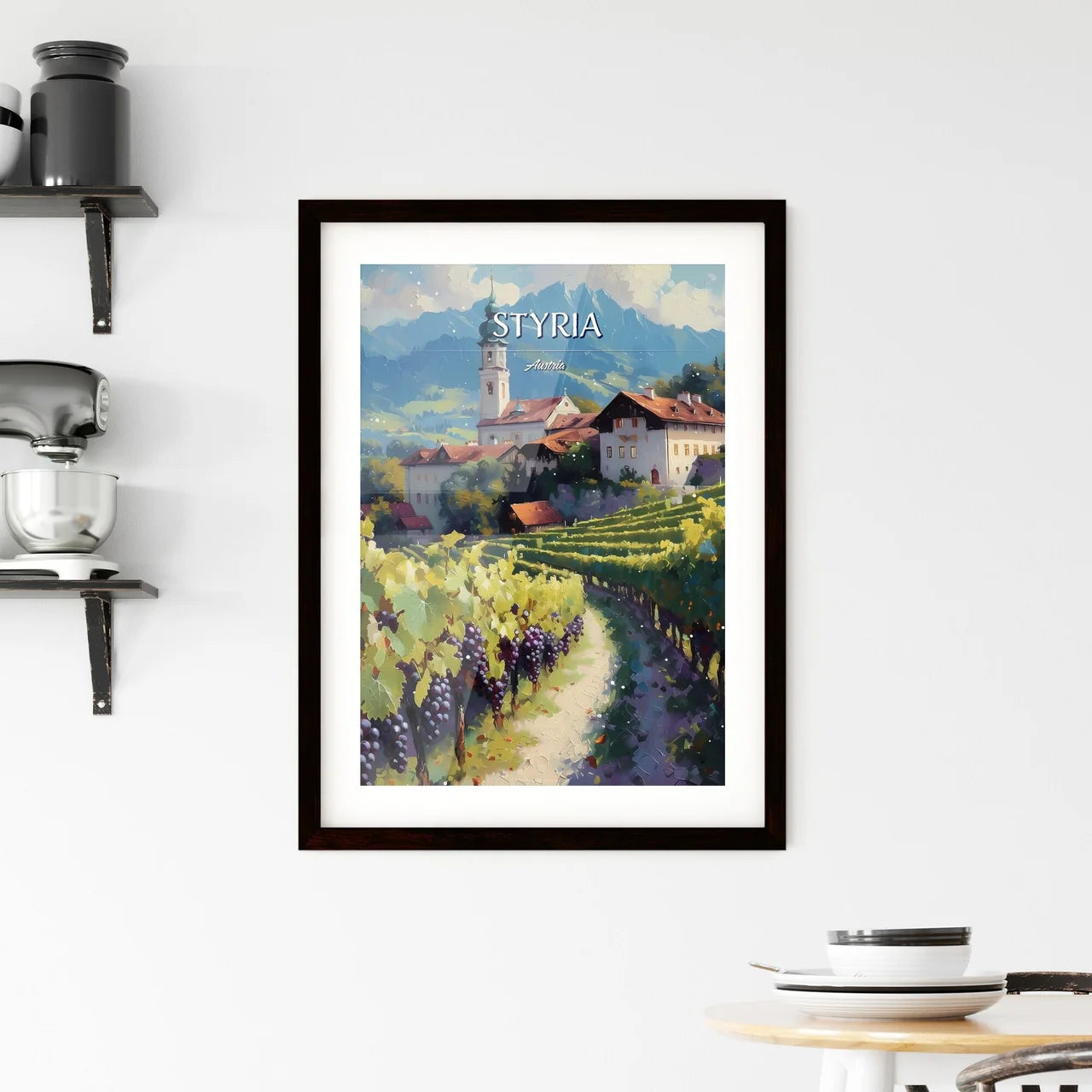 Styria, Austria - Art print of a painting of a village by a lake with fall colors Custom Print