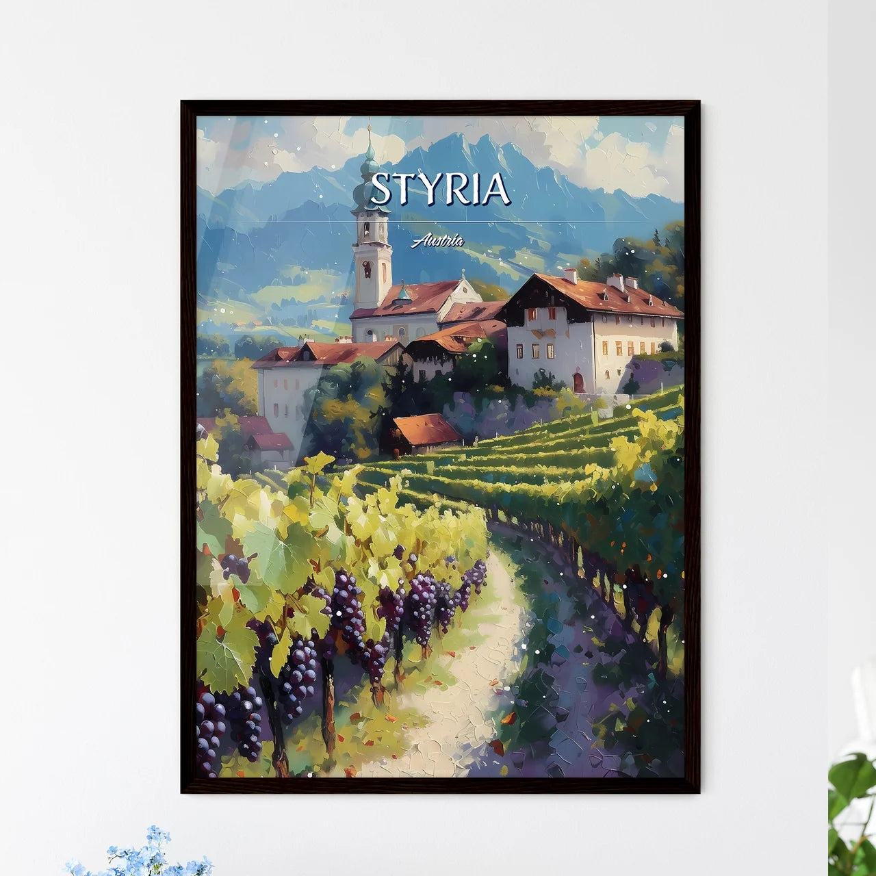 Styria, Austria - Art print of a painting of a village by a lake with fall colors Framed Art