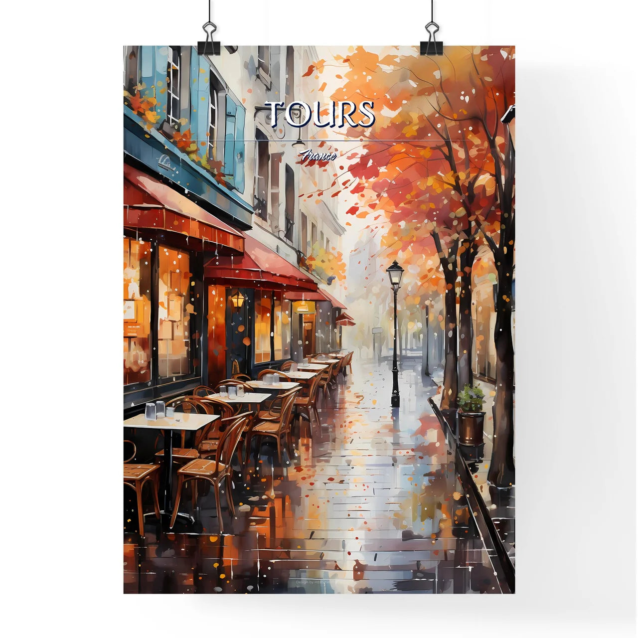 Tours, France - Art print of a beach with a sandy beach and blue sky with clouds Poster