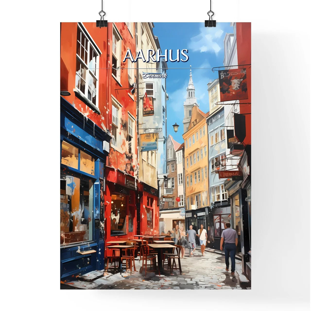 Aarhus, Denmark - Art print of a large crowd of people looking at a large city Poster