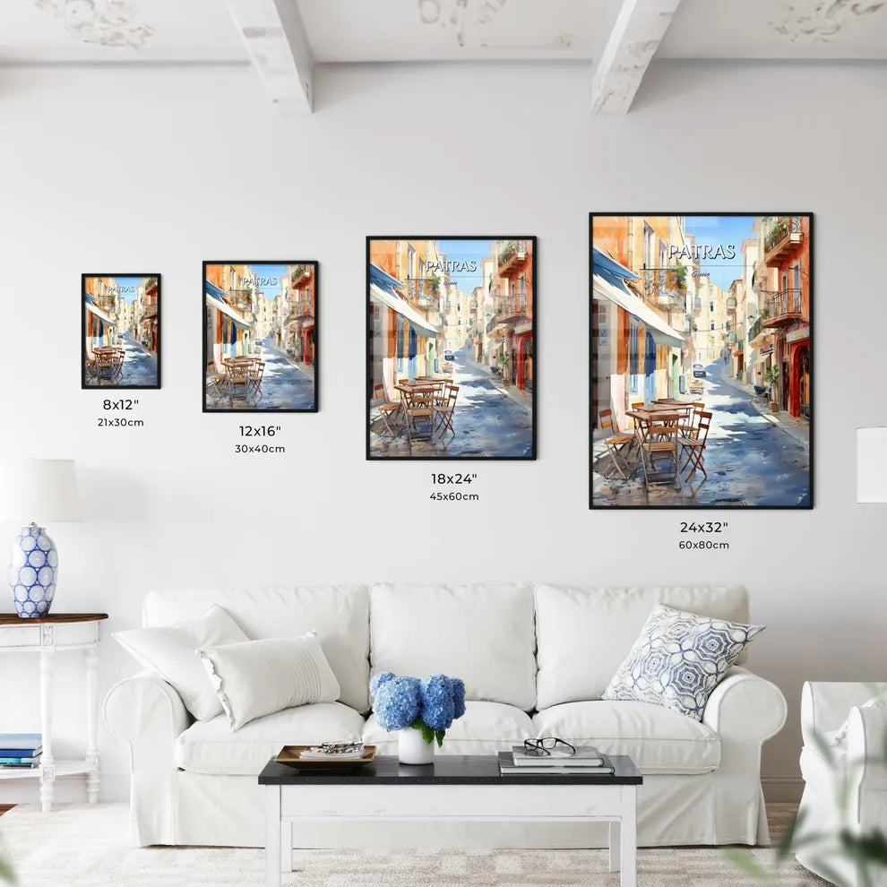 Patras, Greece - Art print of a view of a town from a balcony overlooking a body of water Size Chart