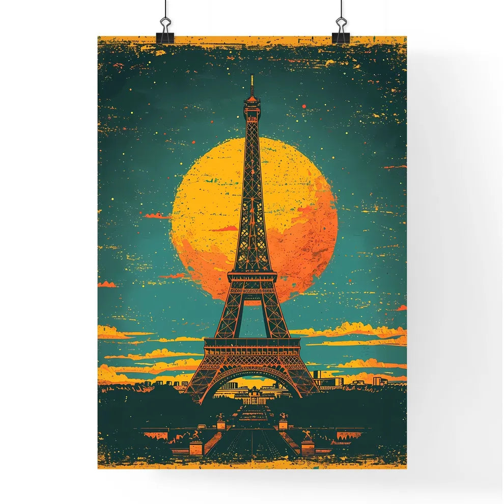 A travel poster of the eiffel tower - Art print of a red van in a desert with cacti and mountains in the background Poster
