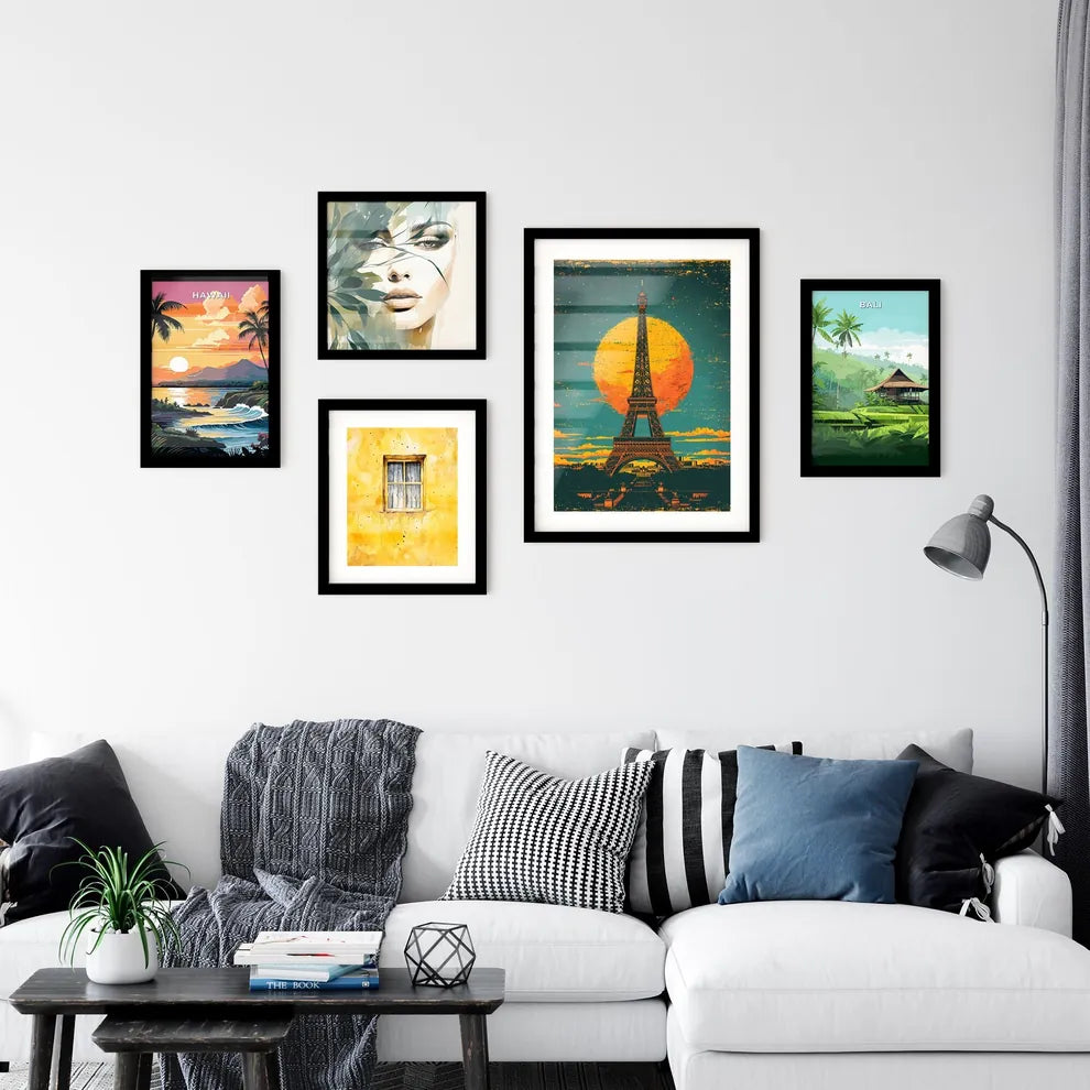 A travel poster of the eiffel tower - Art print of a red van in a desert with cacti and mountains in the background Interior Design