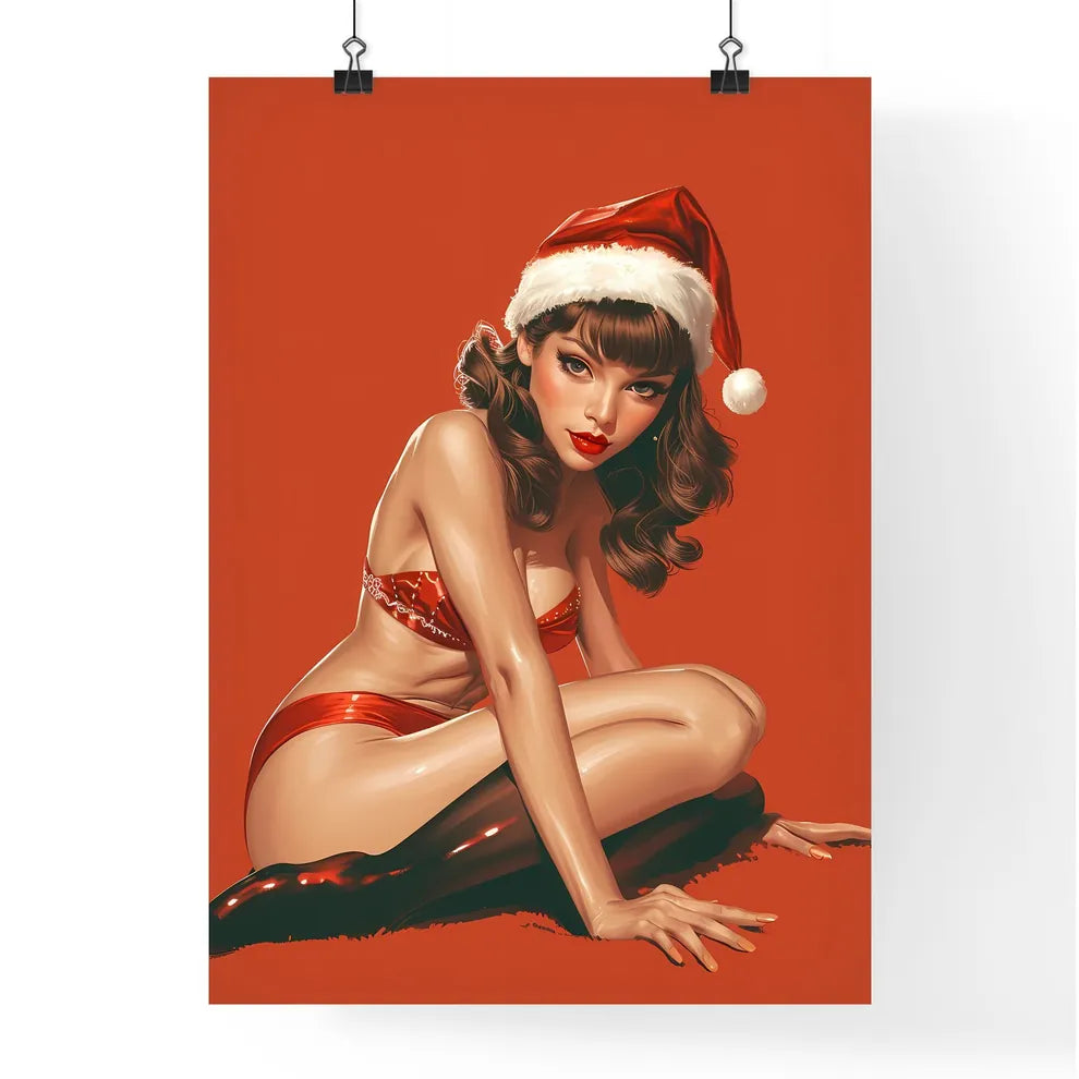Woman wearing Santa hat - Art print of a wom Poster