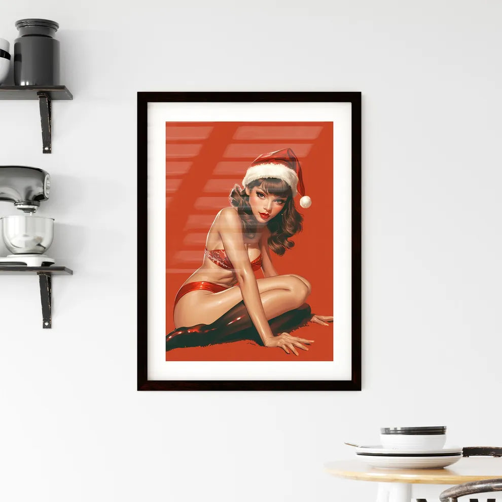 Woman wearing Santa hat - Art print of a wom Framed Print