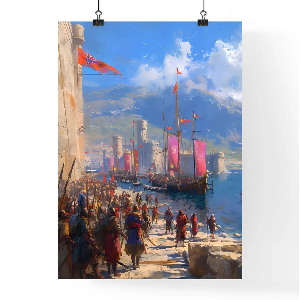 Biblical illustration set, Jochebed put Moses in the Nile, concept art - Art print of a beach with trees and a blue sky Poster