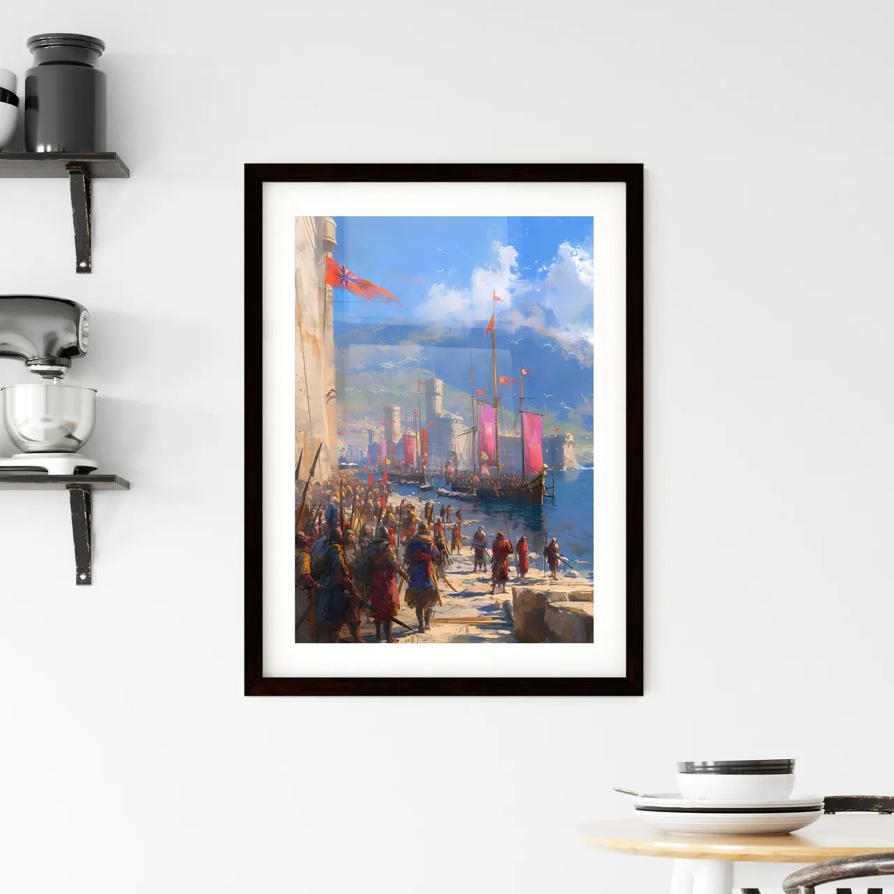 Biblical illustration set, Jochebed put Moses in the Nile, concept art - Art print of a beach with trees and a blue sky Custom Print