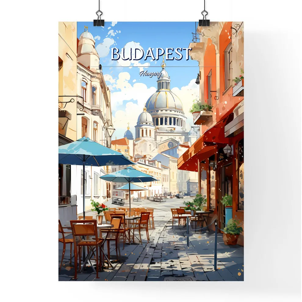 Budapest, Hungary - Art print of a painting of a town with orange flowers and mountains Poster