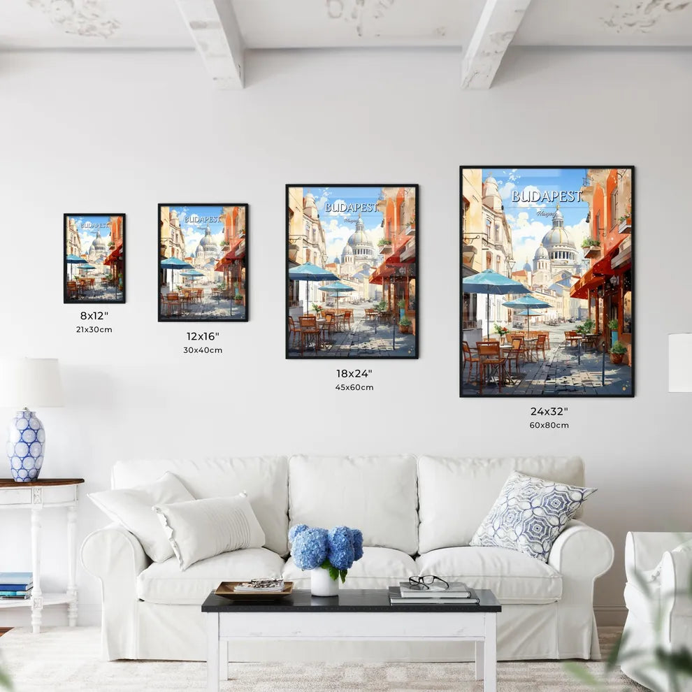 Budapest, Hungary - Art print of a painting of a town with orange flowers and mountains Size Chart