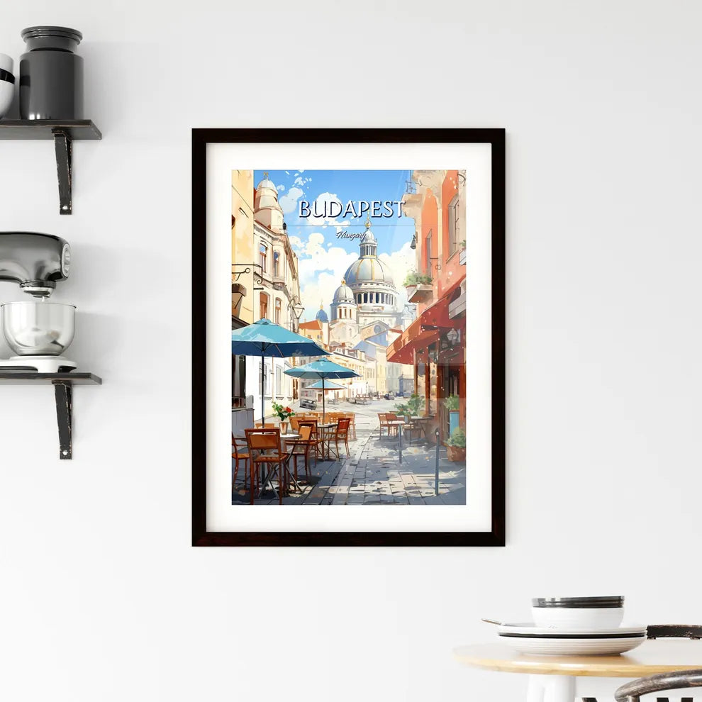 Budapest, Hungary - Art print of a painting of a town with orange flowers and mountains Custom Print