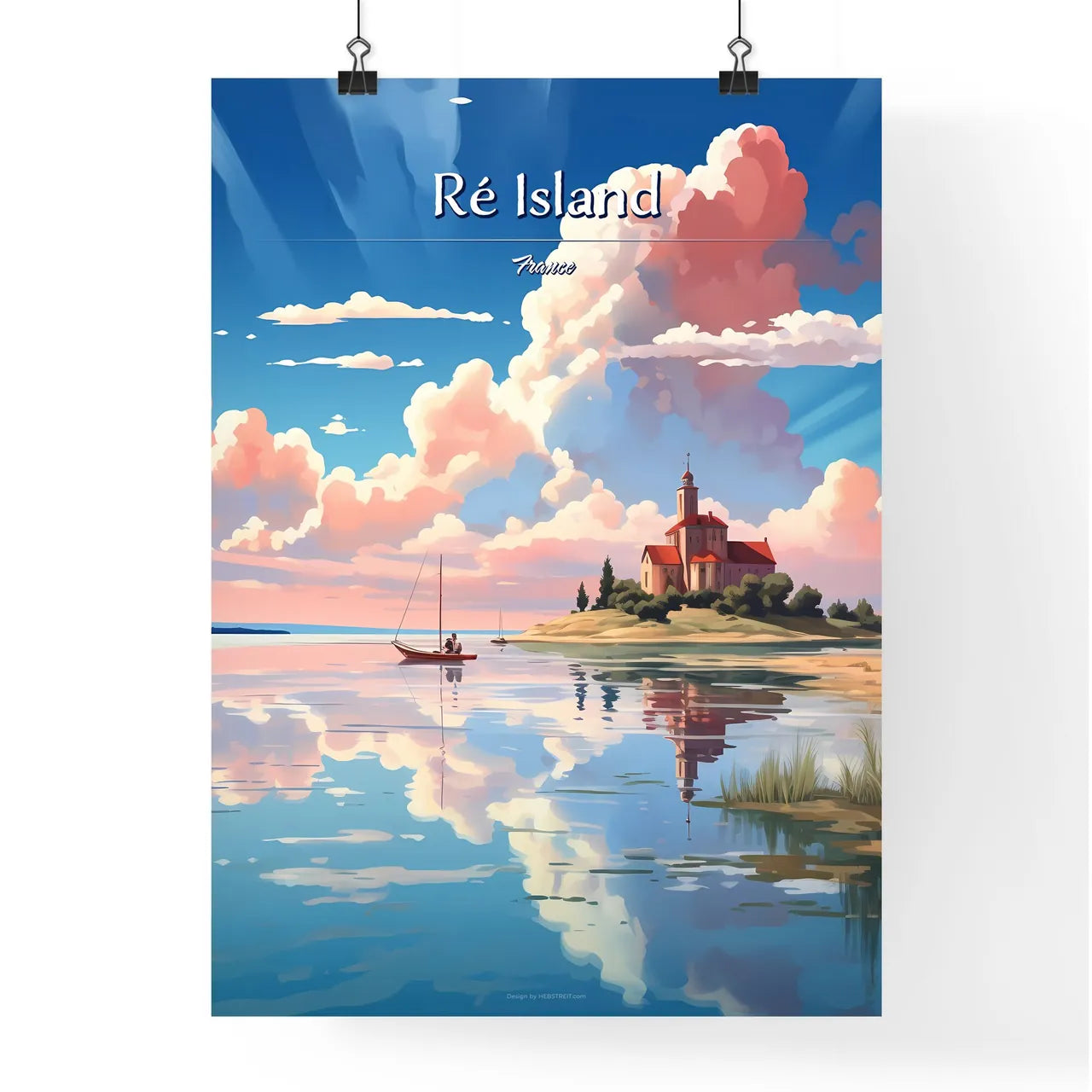 Ré Island, France - Art print of a green hill with blue sky Poster