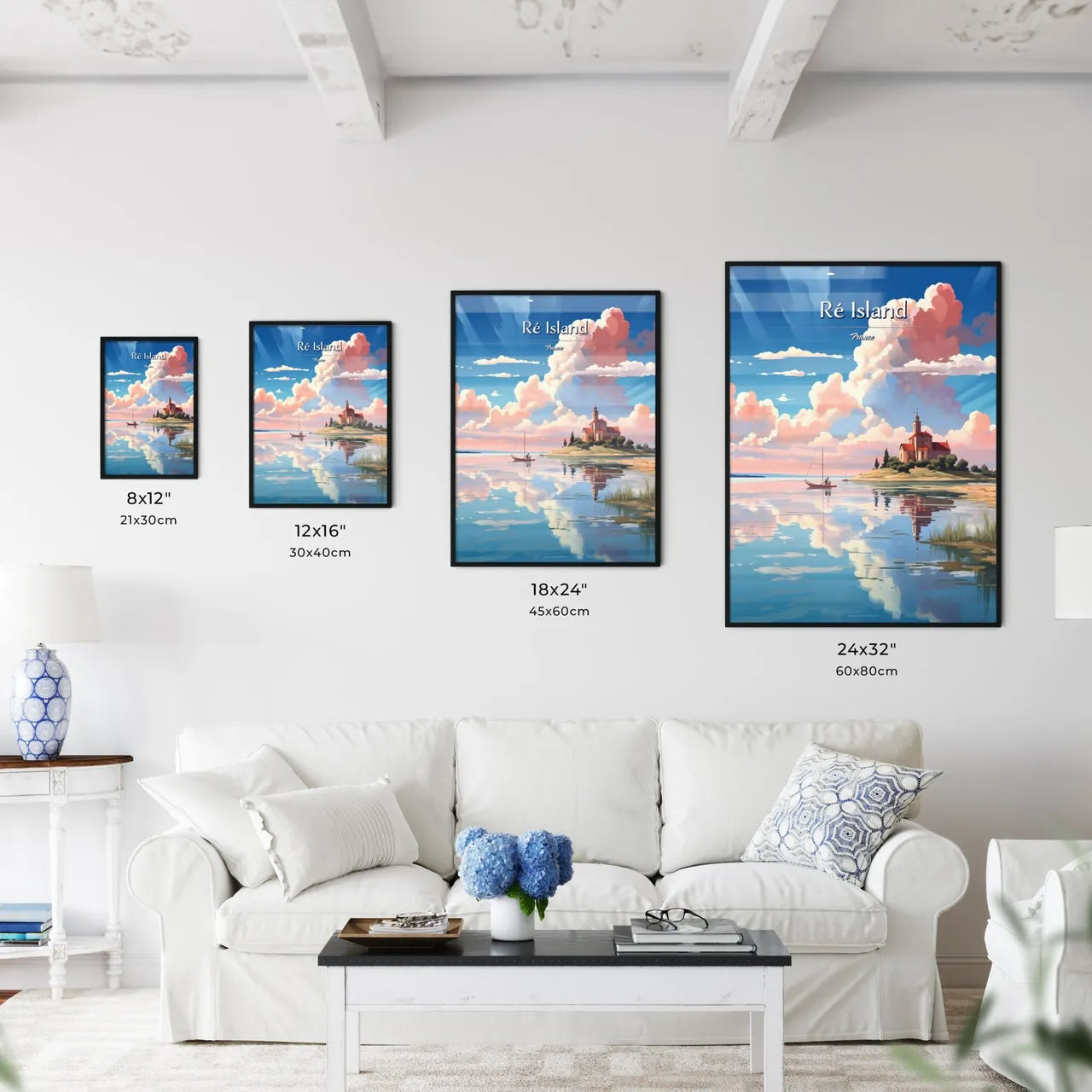 Ré Island, France - Art print of a green hill with blue sky Size Chart