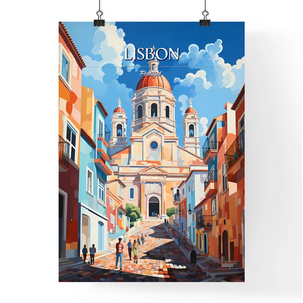 Lisbon, Portugal - Art print of a balcony with a view of a city and mountains Poster