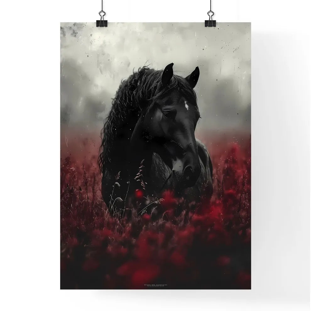 A vintage painting featuring a wild black horse  Poster