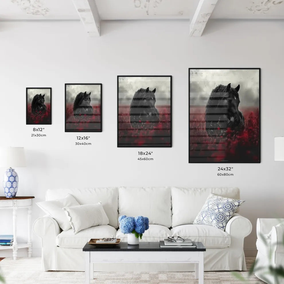 A vintage painting featuring a wild black horse  Size Chart