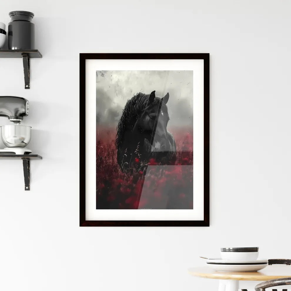 A vintage painting featuring a wild black horse  Framed Print