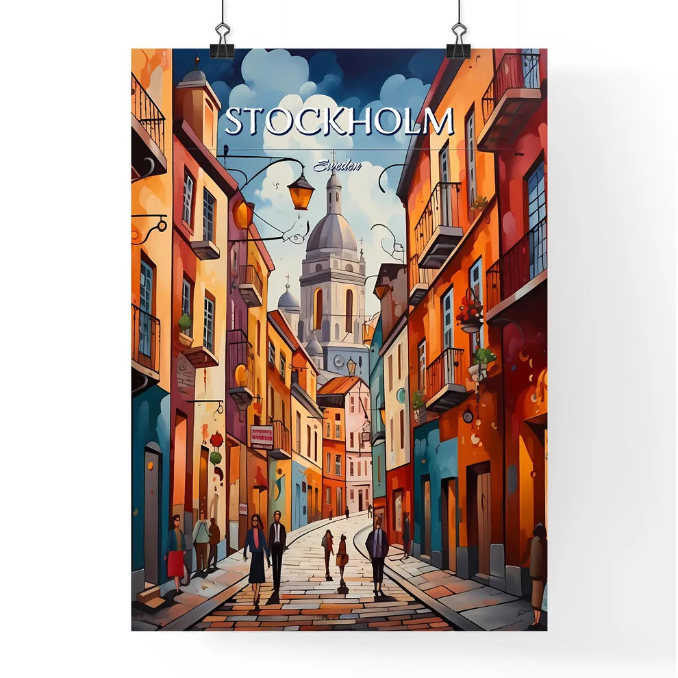 Stockholm, Sweden, - Art print of a man walking on a bridge over a river with a bridge and buildings Poster