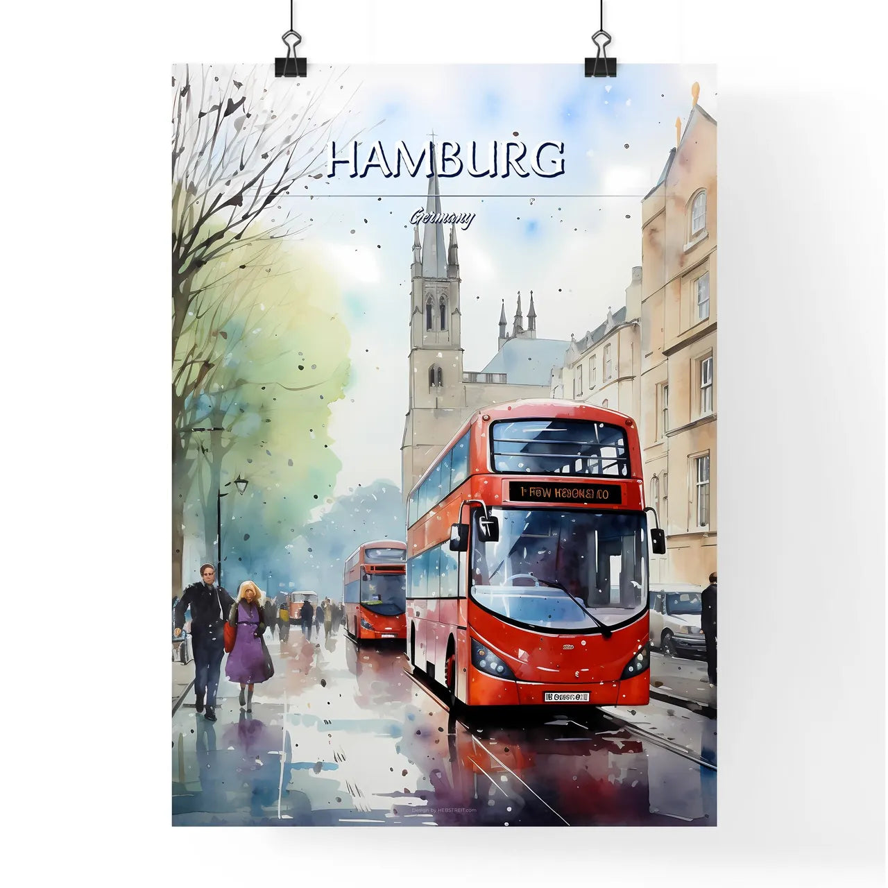 Hamburg, Germany - Art print of a pink clouds and blue lights Poster