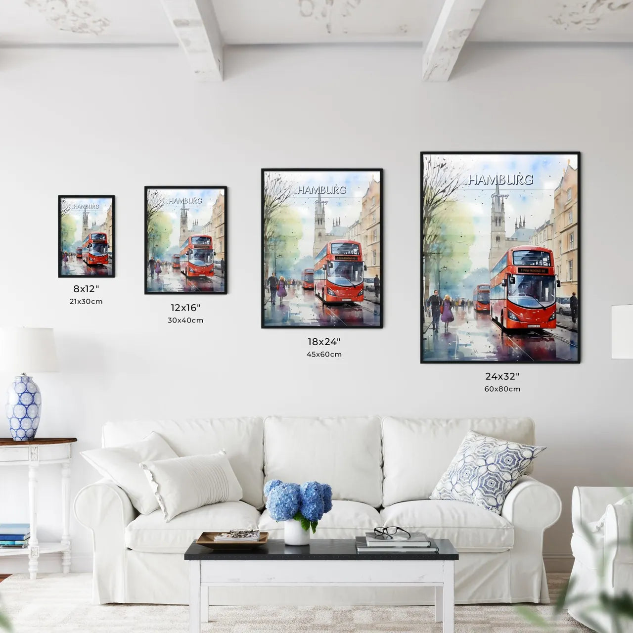 Hamburg, Germany - Art print of a pink clouds and blue lights Size Chart