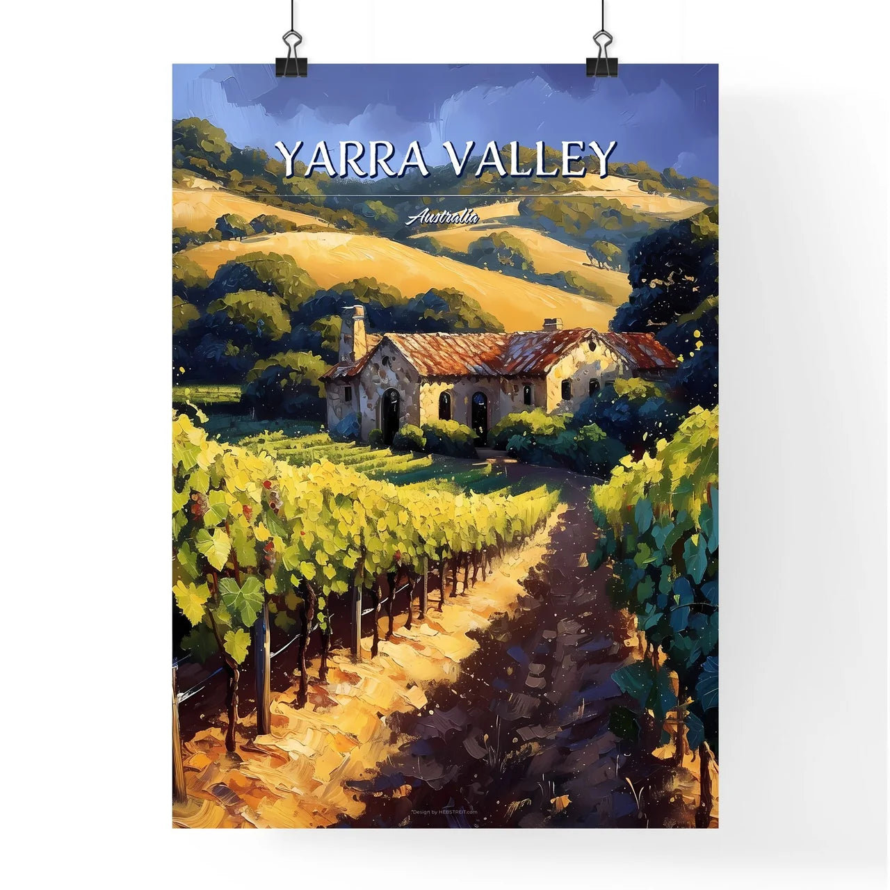 Yarra Valley, Australia - Art print of a group of green leaves on a wooden surface Poster