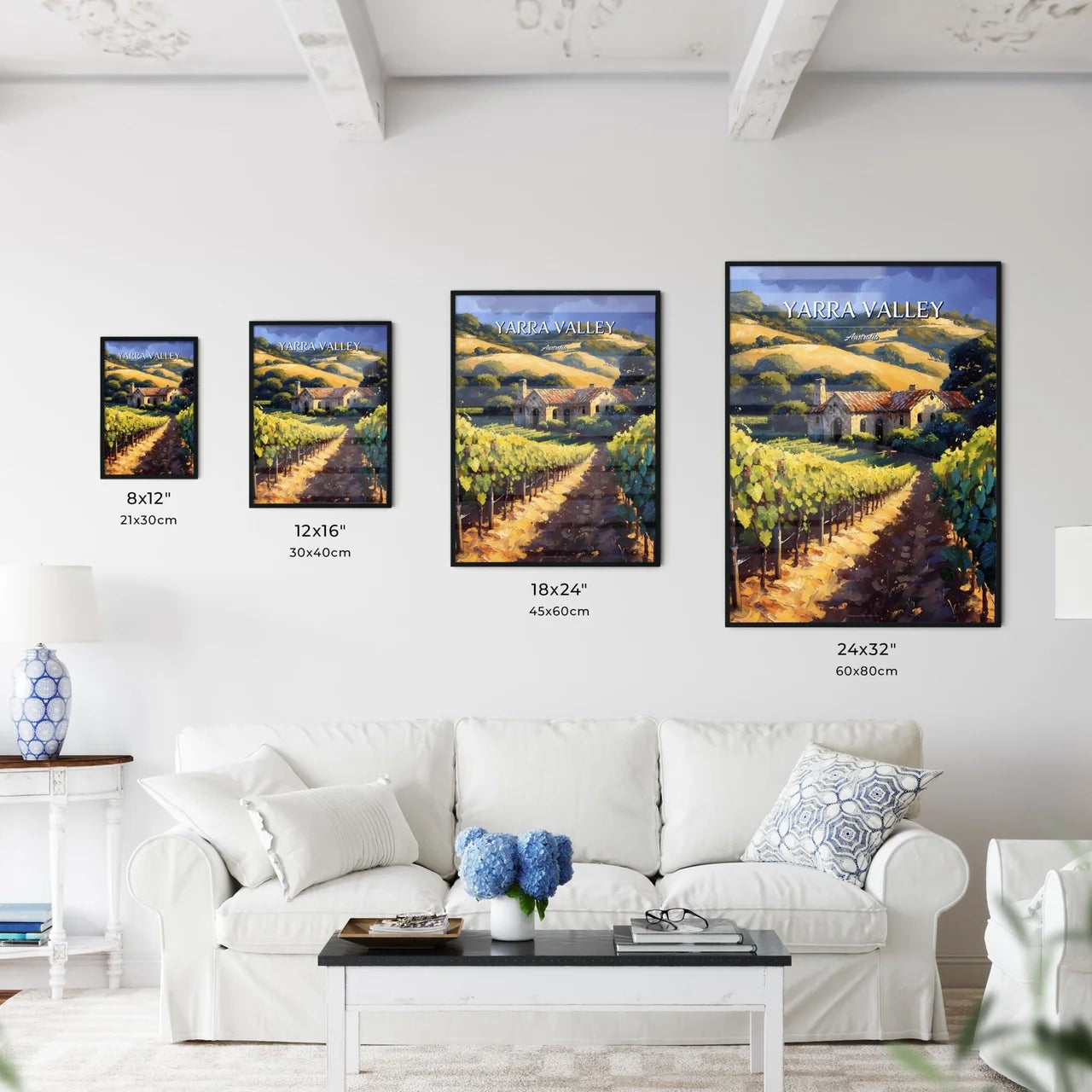 Yarra Valley, Australia - Art print of a group of green leaves on a wooden surface Size Chart