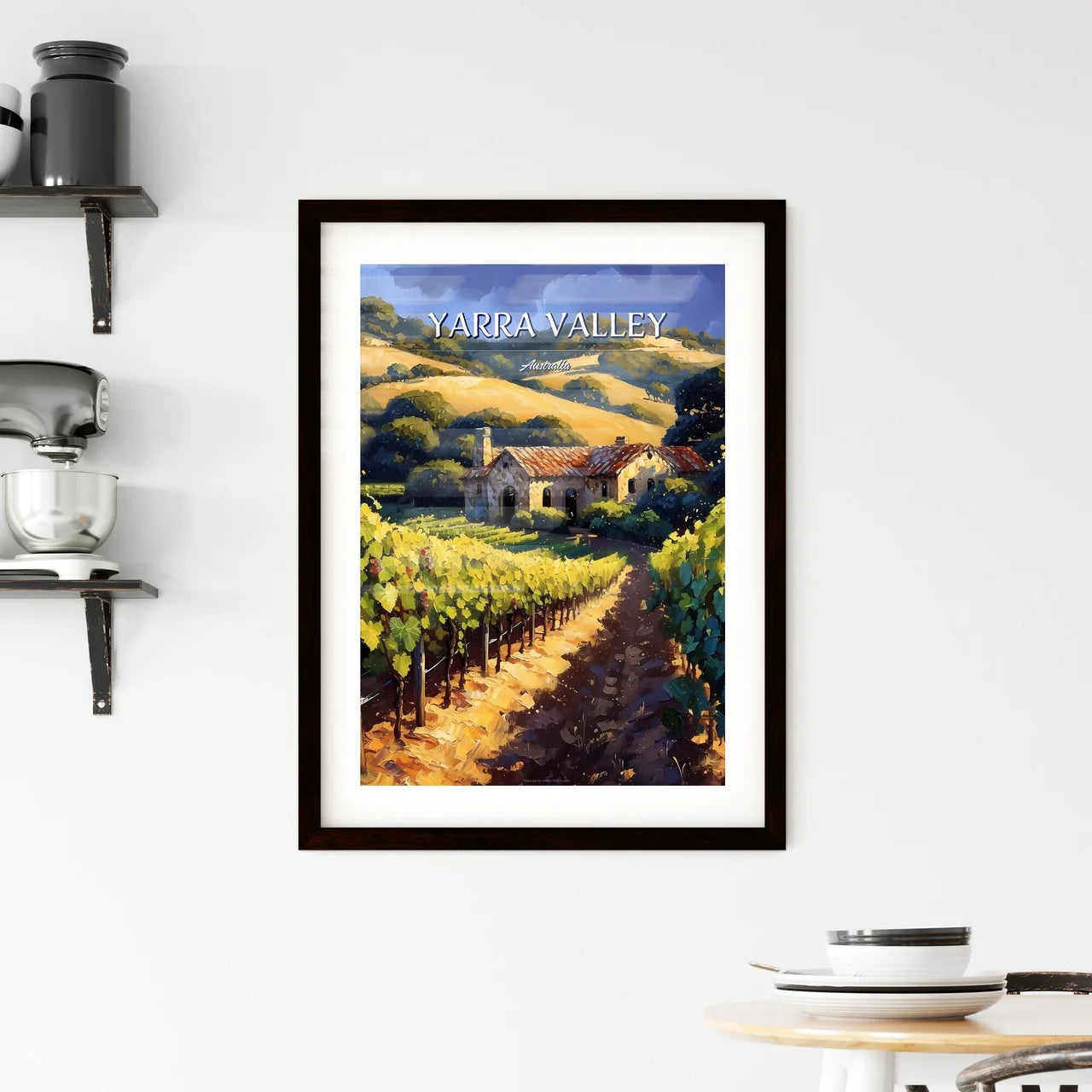 Yarra Valley, Australia - Art print of a group of green leaves on a wooden surface Custom Print