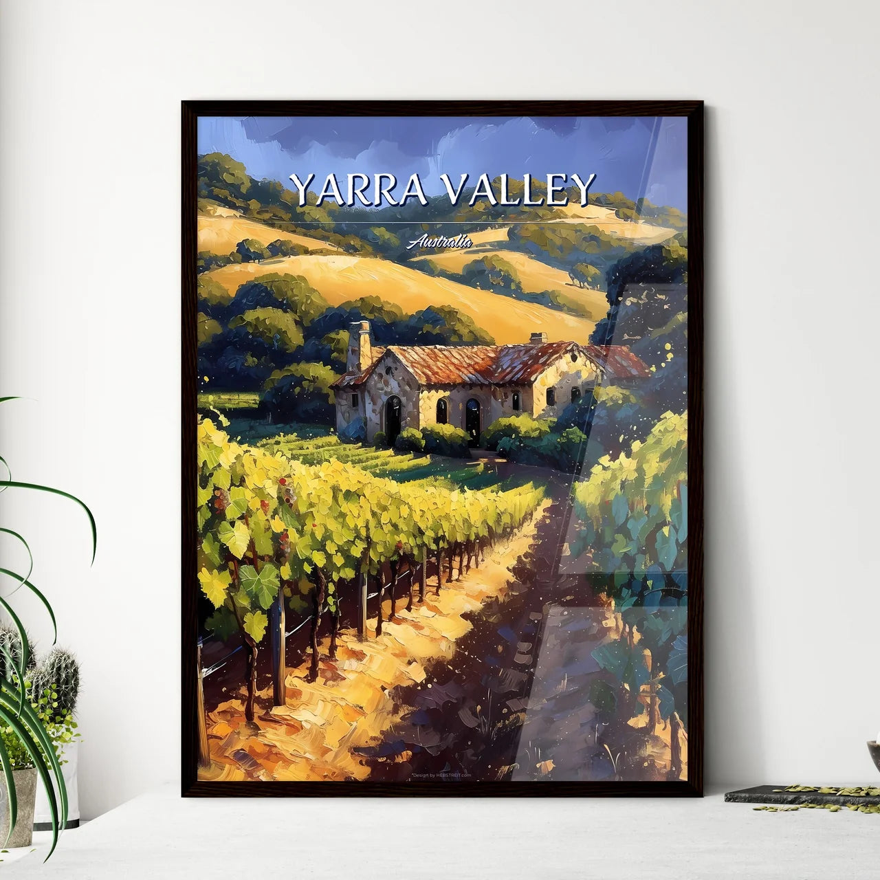 Yarra Valley, Australia - Art print of a group of green leaves on a wooden surface Framed Art