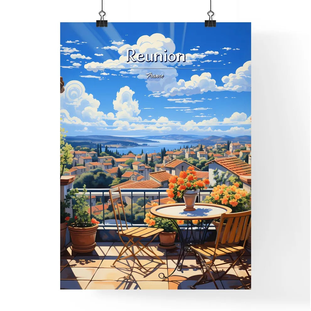 On the roofs of Reunion, France - Art print of a wooden table in front of a kitchen Poster