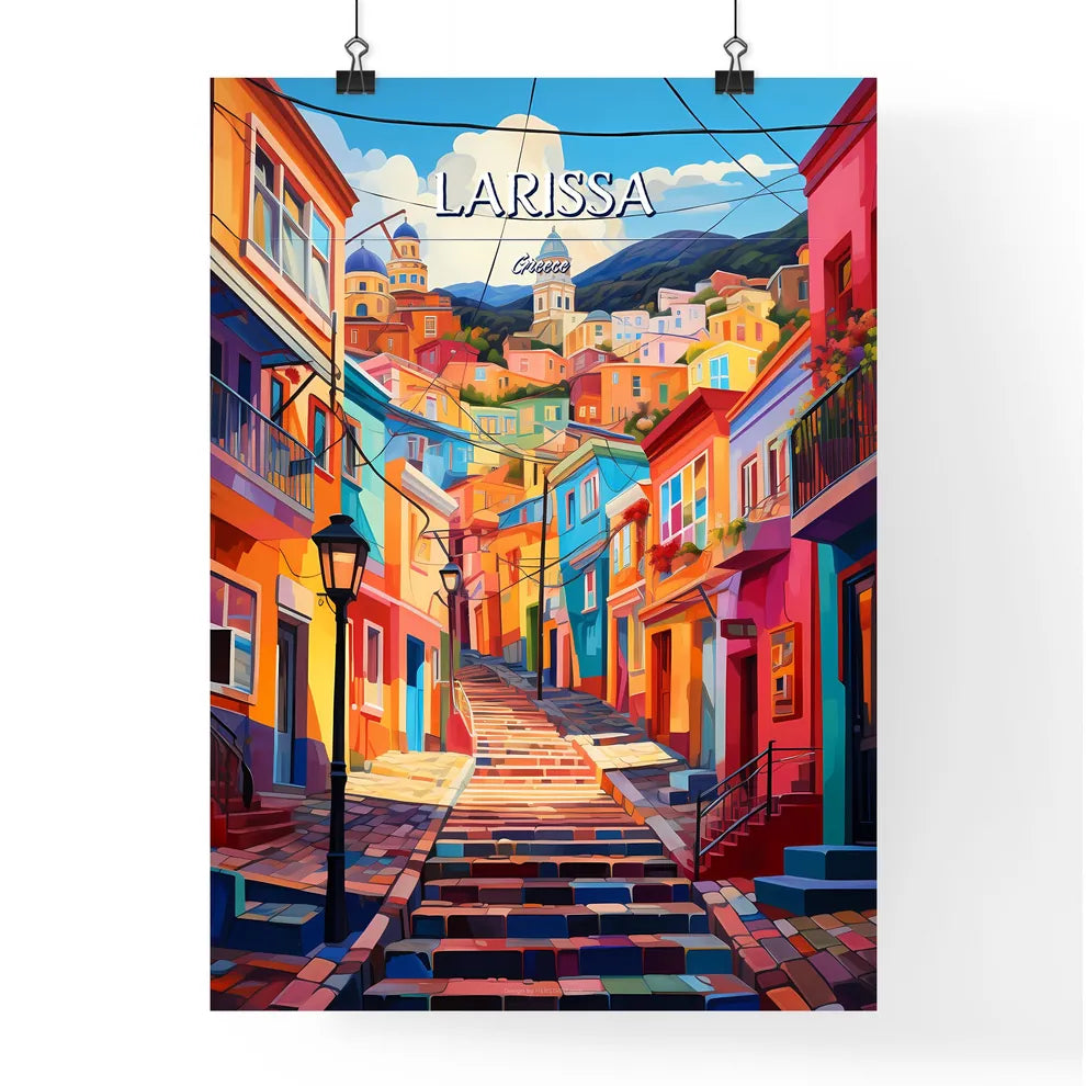 Larissa, Greece - Art print of a landscape of a town with a body of water and mountains Poster